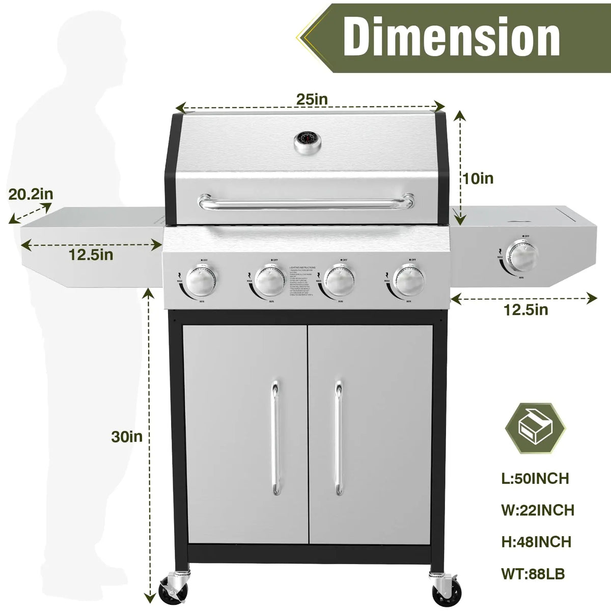 BESTFIRE 4 Burner Gas Grill 60000 BTU Propane BBQ Stainless Steel 647 Sq In Cast Iron Grates Side Burner Storage Cabinet Patio