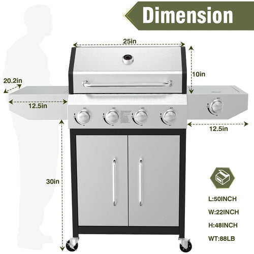 BESTFIRE 4 Burner Gas Grill 60000 BTU Propane BBQ Stainless Steel 647 Sq In Cast Iron Grates Side Burner Storage Cabinet Patio