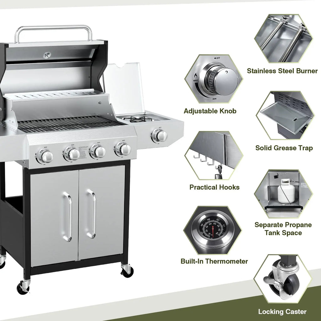 BESTFIRE 4 Burner Gas Grill 60000 BTU Propane BBQ Stainless Steel 647 Sq In Cast Iron Grates Side Burner Storage Cabinet Patio