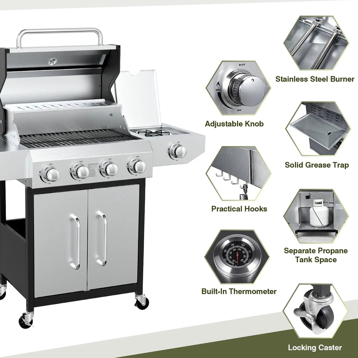 BESTFIRE 4 Burner Gas Grill 60000 BTU Propane BBQ Stainless Steel 647 Sq In Cast Iron Grates Side Burner Storage Cabinet Patio