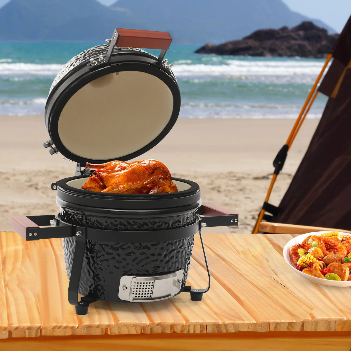 13 Inch Freestanding Ceramic Kettle Charcoal Grill, Outdoor Backyard BBQ Cooking Smoker Grill 50*47cm for Backyard Patio Garden Cooking