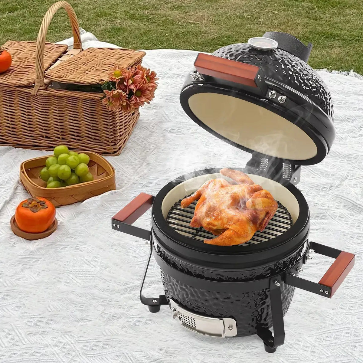 13 Inch Freestanding Ceramic Kettle Charcoal Grill, Outdoor Backyard BBQ Cooking Smoker Grill 50*47cm for Backyard Patio Garden Cooking