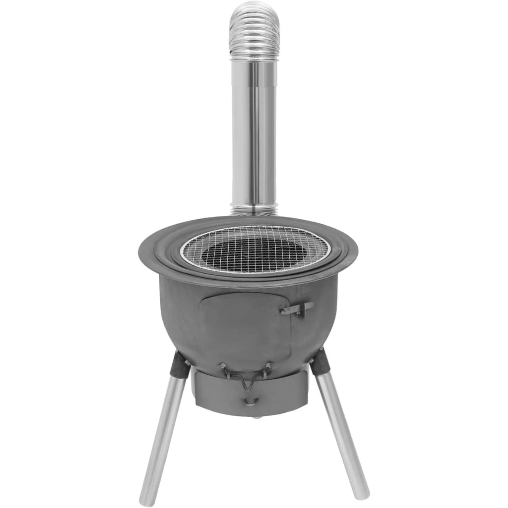 Wood Burning Stove with Grill Rack, Portable Camping Rocket Stove Charcoal Grill with 3 Wok Rings&Chimney Pipe, Chinese Removable Iron Firewood Stove for Outdoor/Backyard Cooking (16.9 inch)